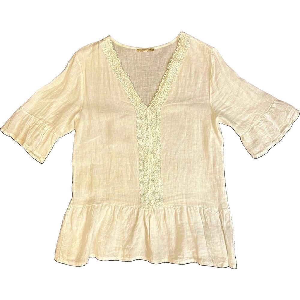 Francesca Bettini Boho White Linen Lace V-Neck Ruffle 3/4 Sleeve Tunic Top S